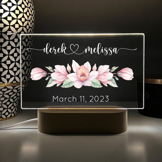 Personalized Pink Magnolia Couples Acrylic Night Light