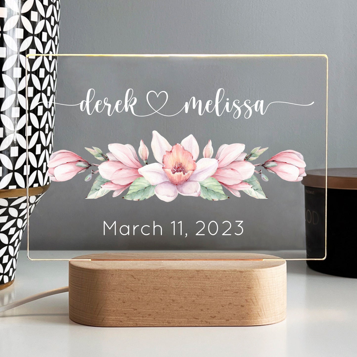 Personalized Pink Magnolia Couples Acrylic Night Light